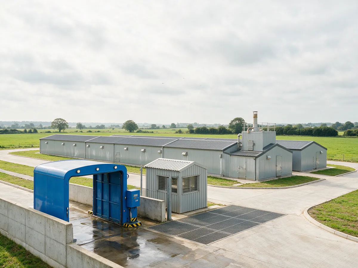Ferma de pasari cu zona de dezinfectie si incinerator amplasat in spatele halelor