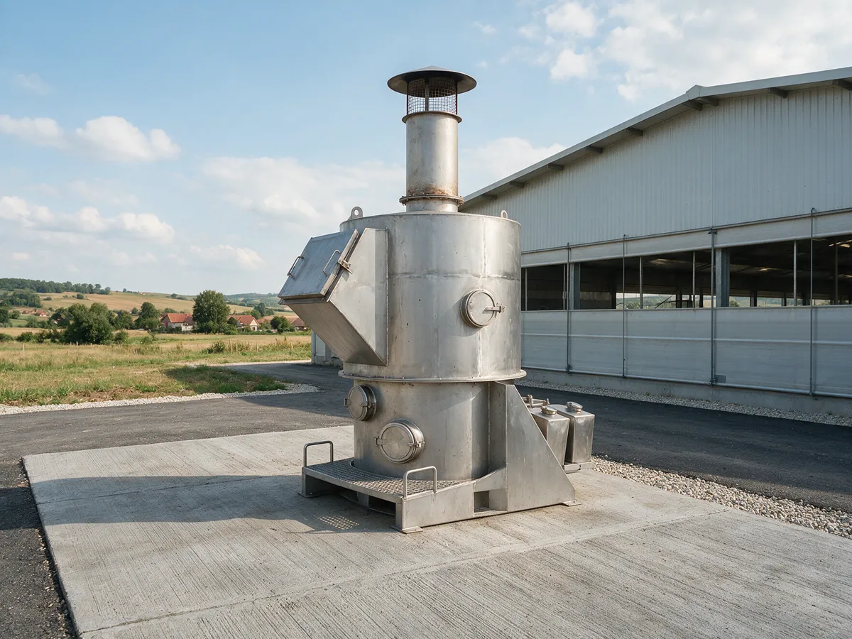 Incinerator din otel inox montat pe platforma de beton langa o hala de porci